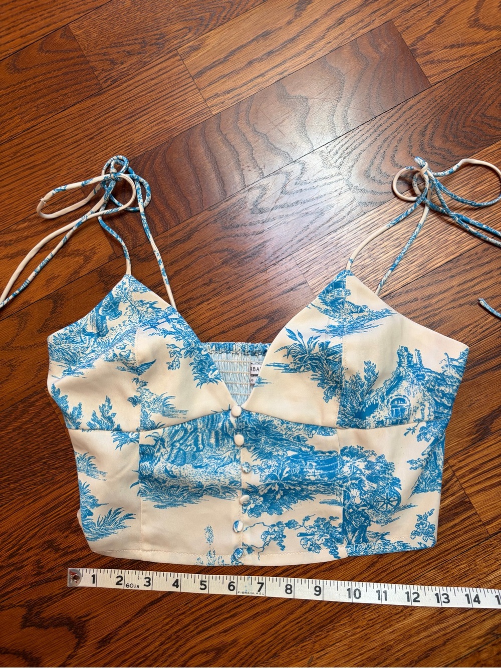Urban Outfitters Cream Crop Top with Blue Toile Print